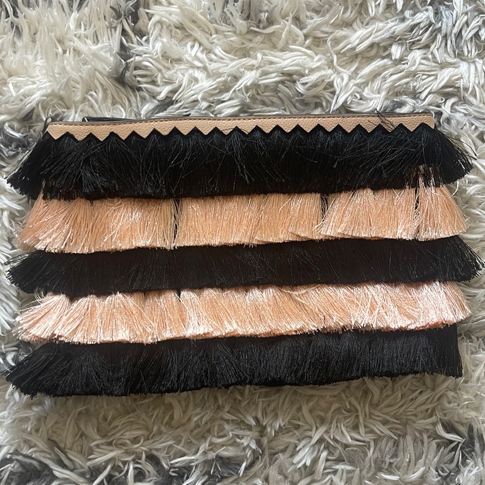 Stella and dot light pink and black fringe clutch purse - LIKE NEW! Never used!